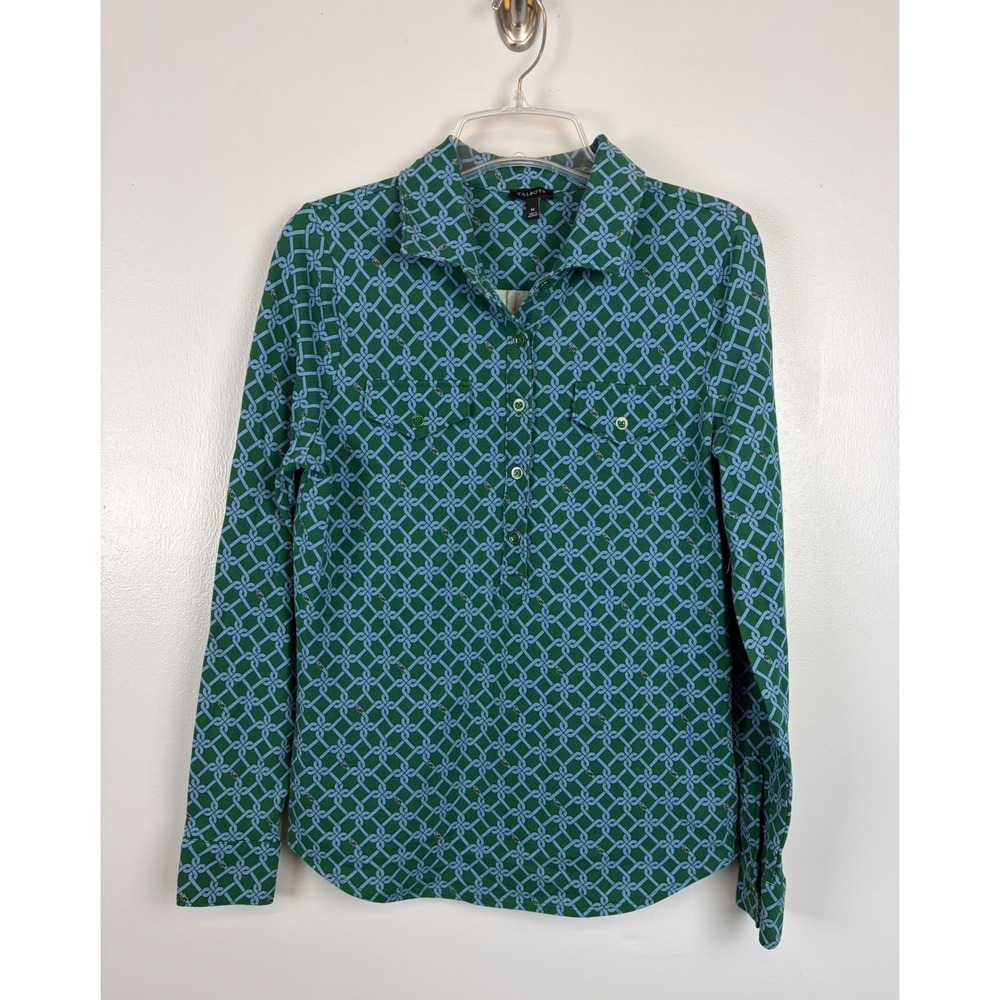 Talbots Green Blue Buckle Chain Button Down Shirt Polo Medium Preppy Old Money‎